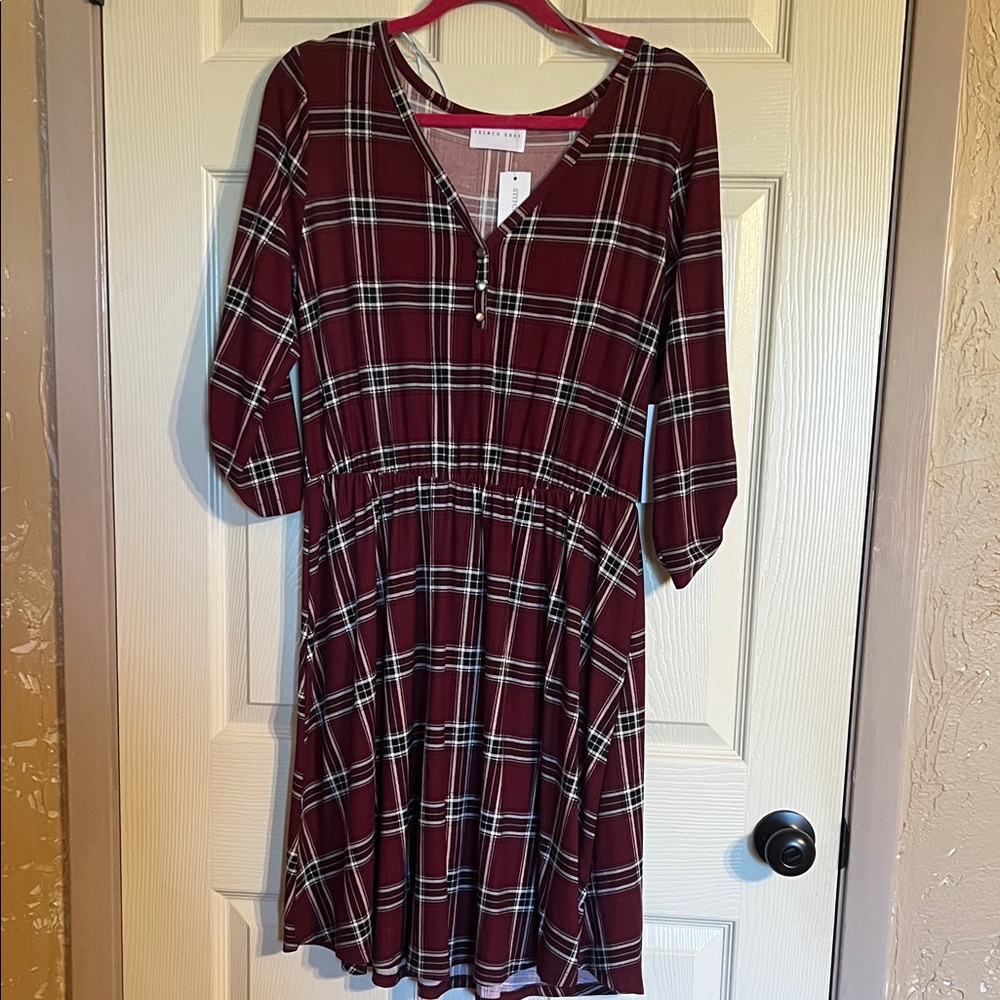 Three Quarter Sleeve Burgundy Plaid  Dress